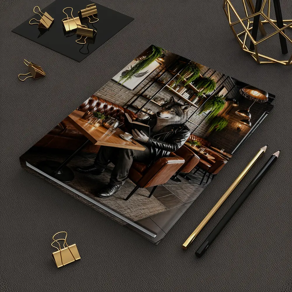 Wolf Reading Book in Cozy Cafe – Notebooks