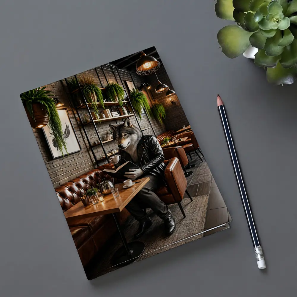 Wolf Reading Book in Cozy Cafe – Notebooks