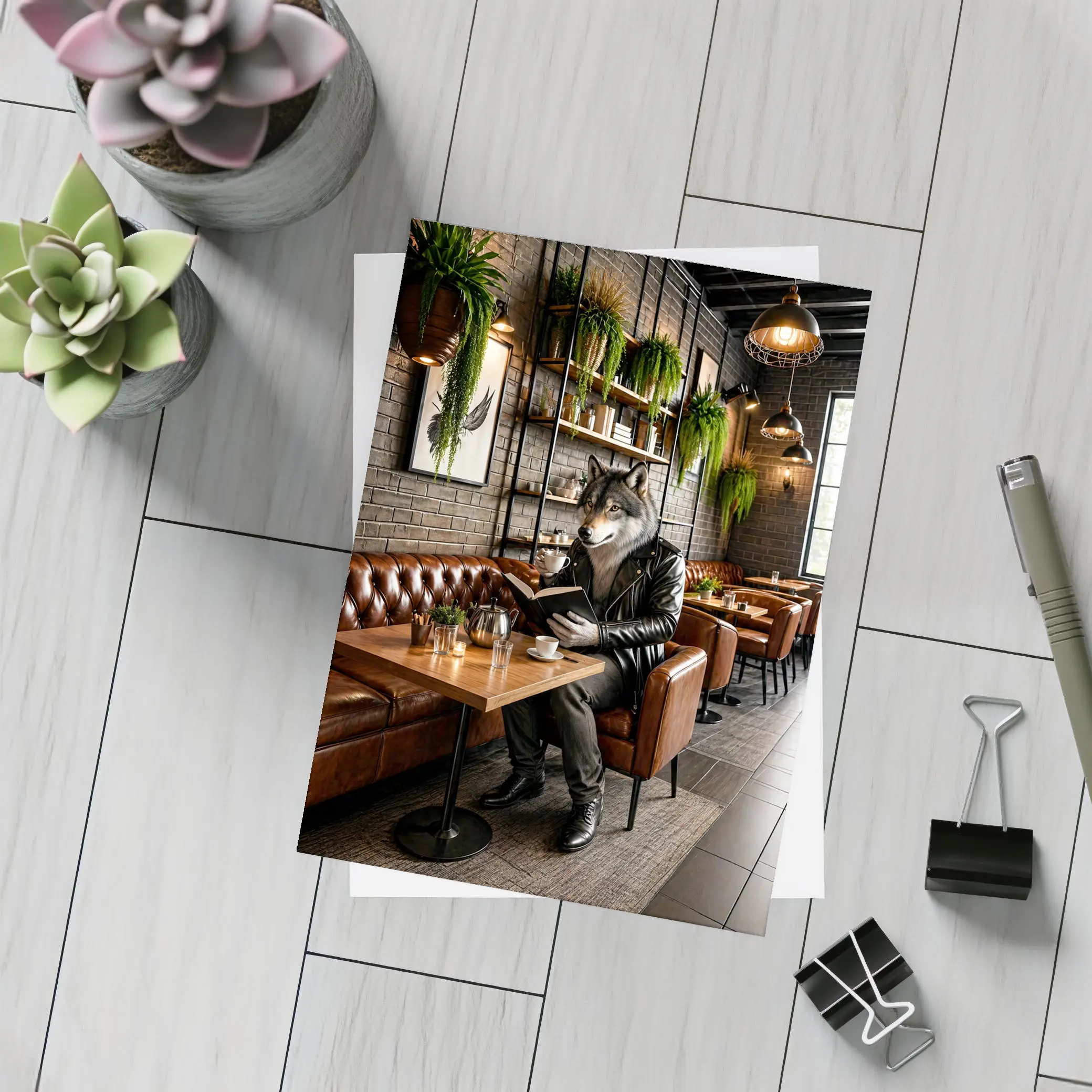 Wolf Reading Book in Cozy Cafe – Postcards