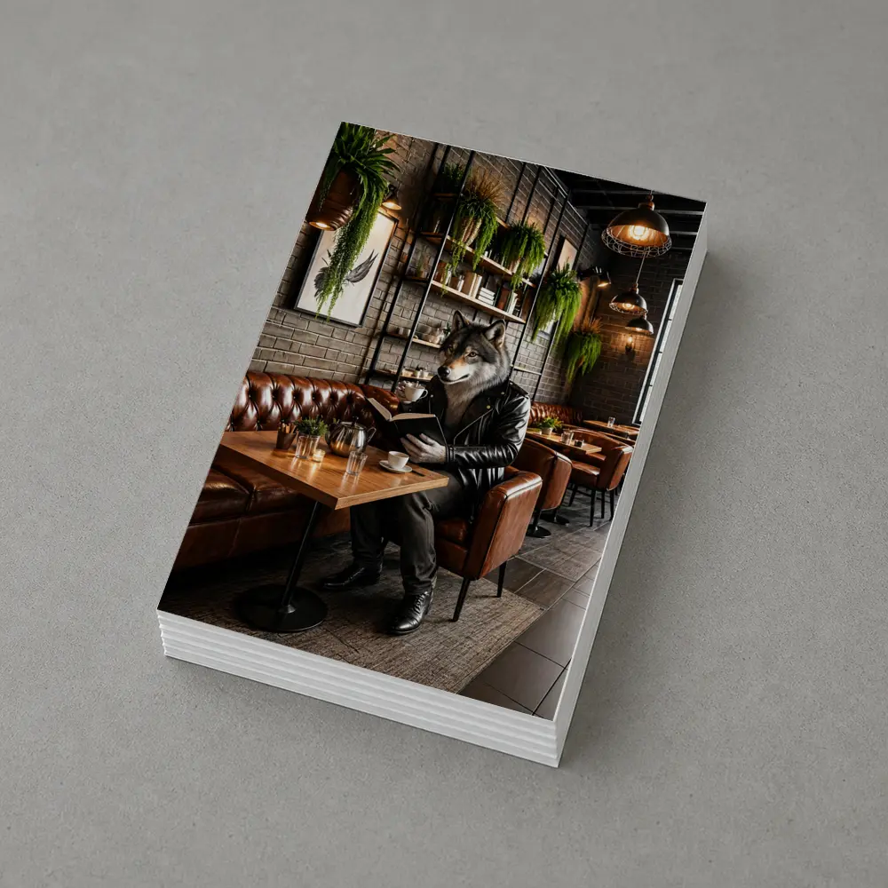 Wolf Reading Book in Cozy Cafe – Postcards