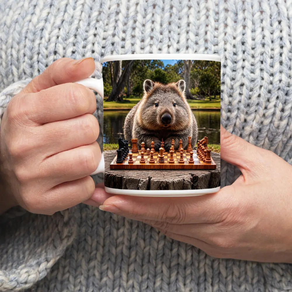 Wombat Playing Chess Outdoors Park Setting – Mugs