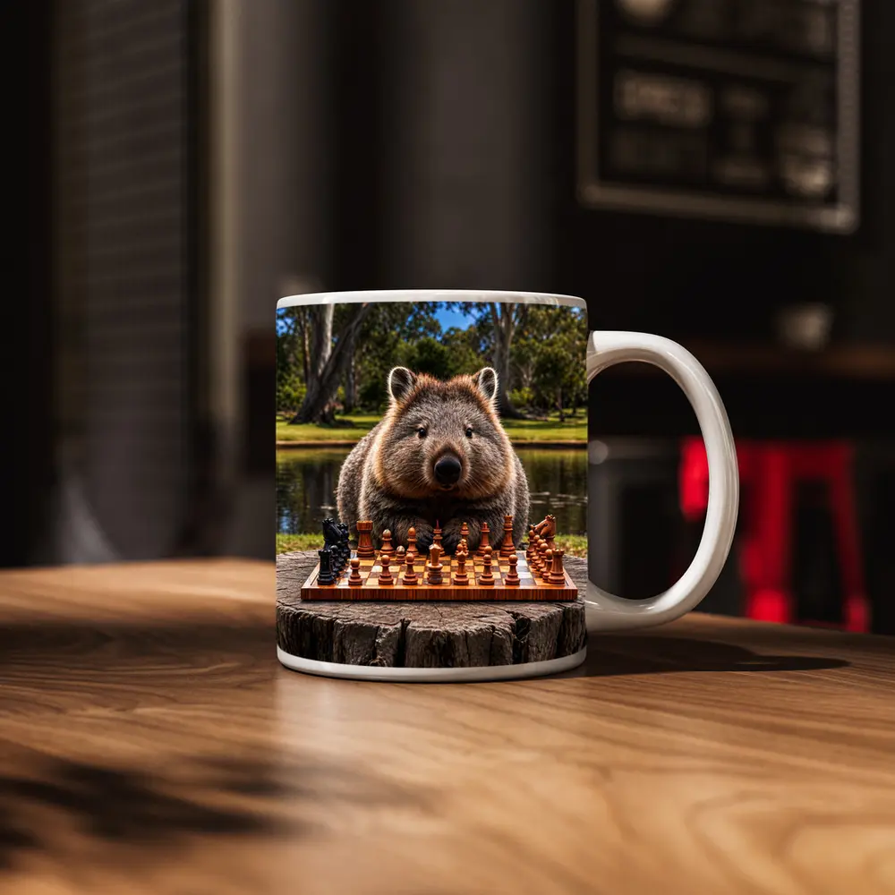 Wombat Playing Chess Outdoors Park Setting – Mugs