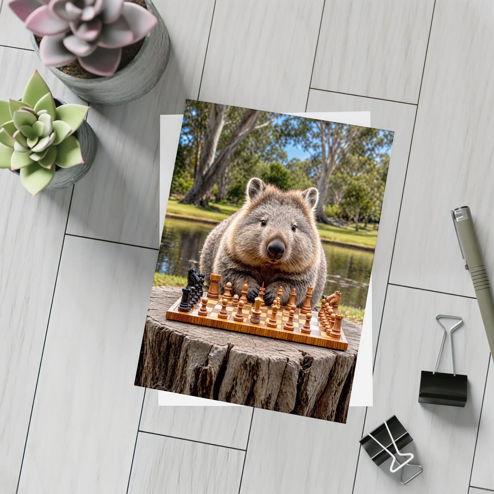Wombat Playing Chess Outdoors Park Setting – Postcards