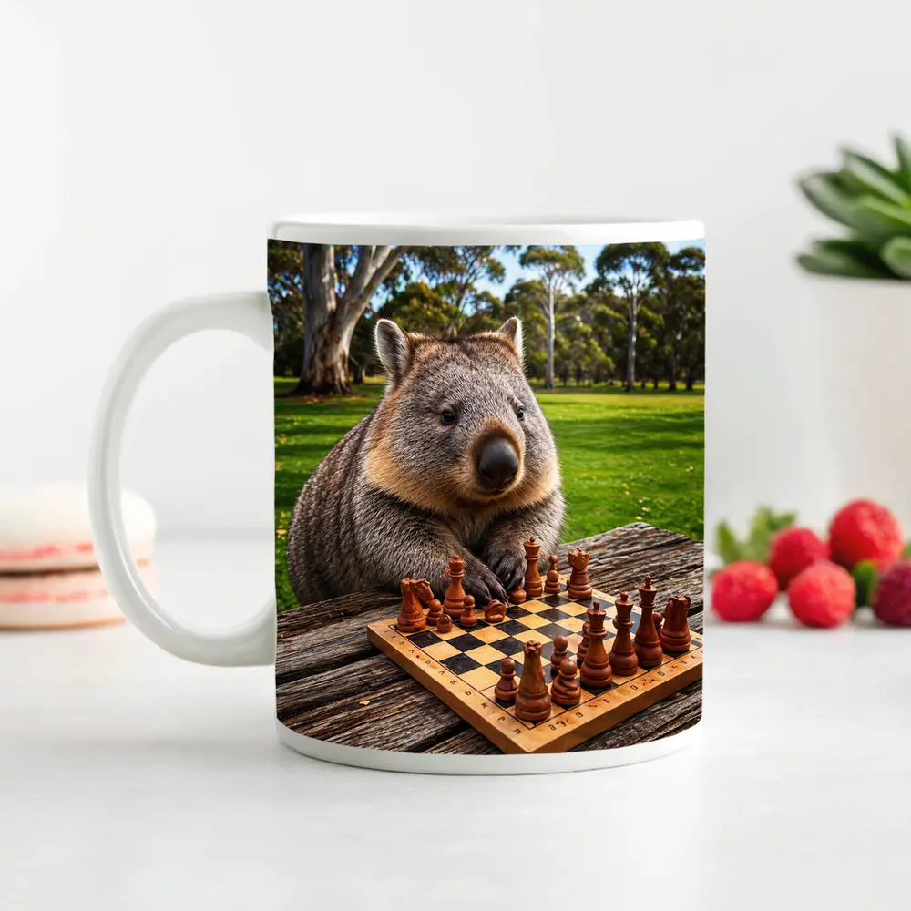 Wombat Playing Chess in Australian Park – Mugs