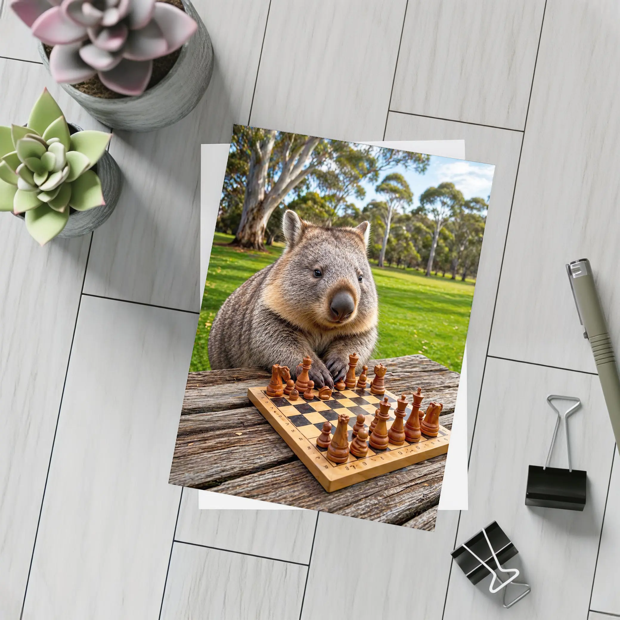 Wombat Playing Chess in Australian Park – Postcards