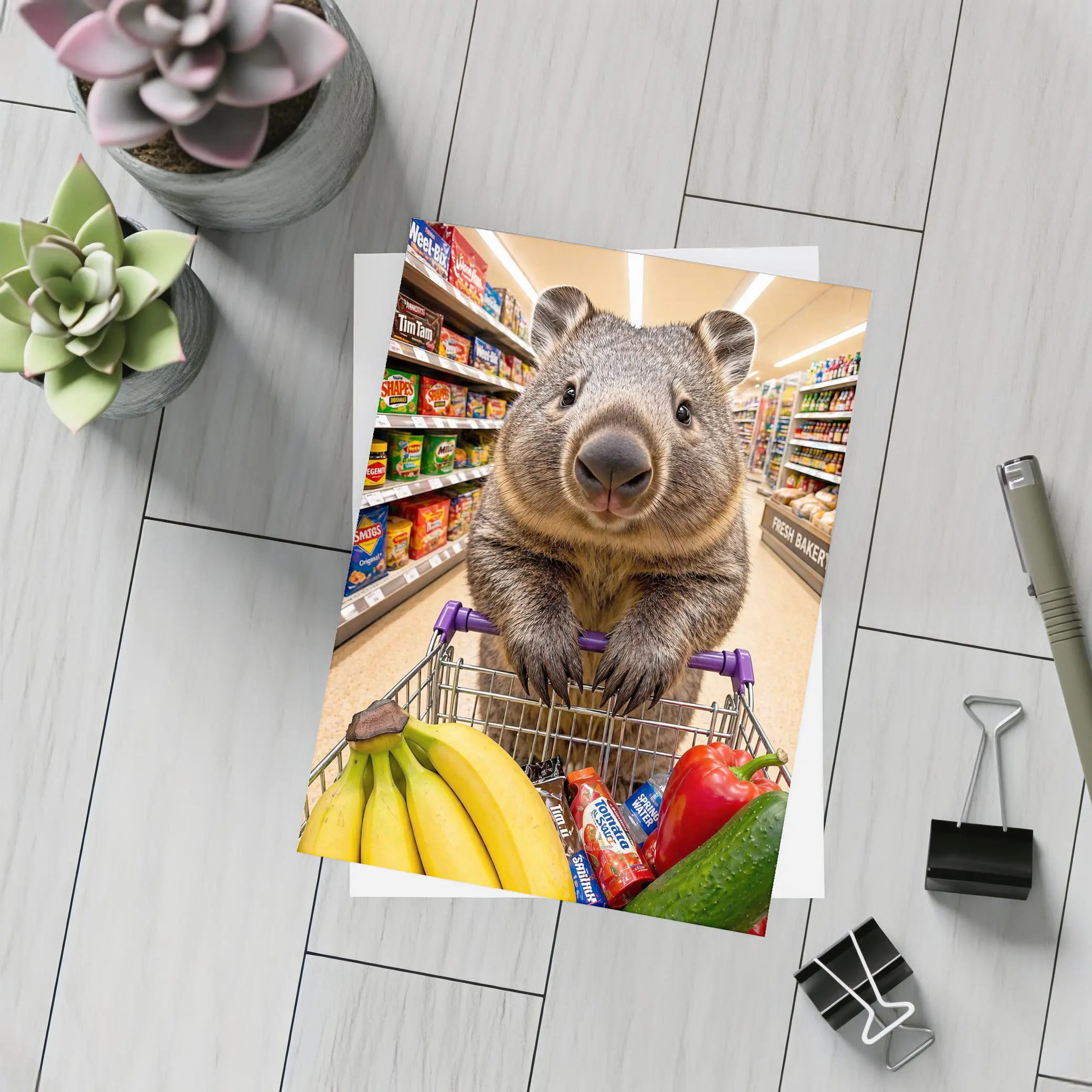 Wombat Grocery Shopping In Supermarket Aisle – Postcards