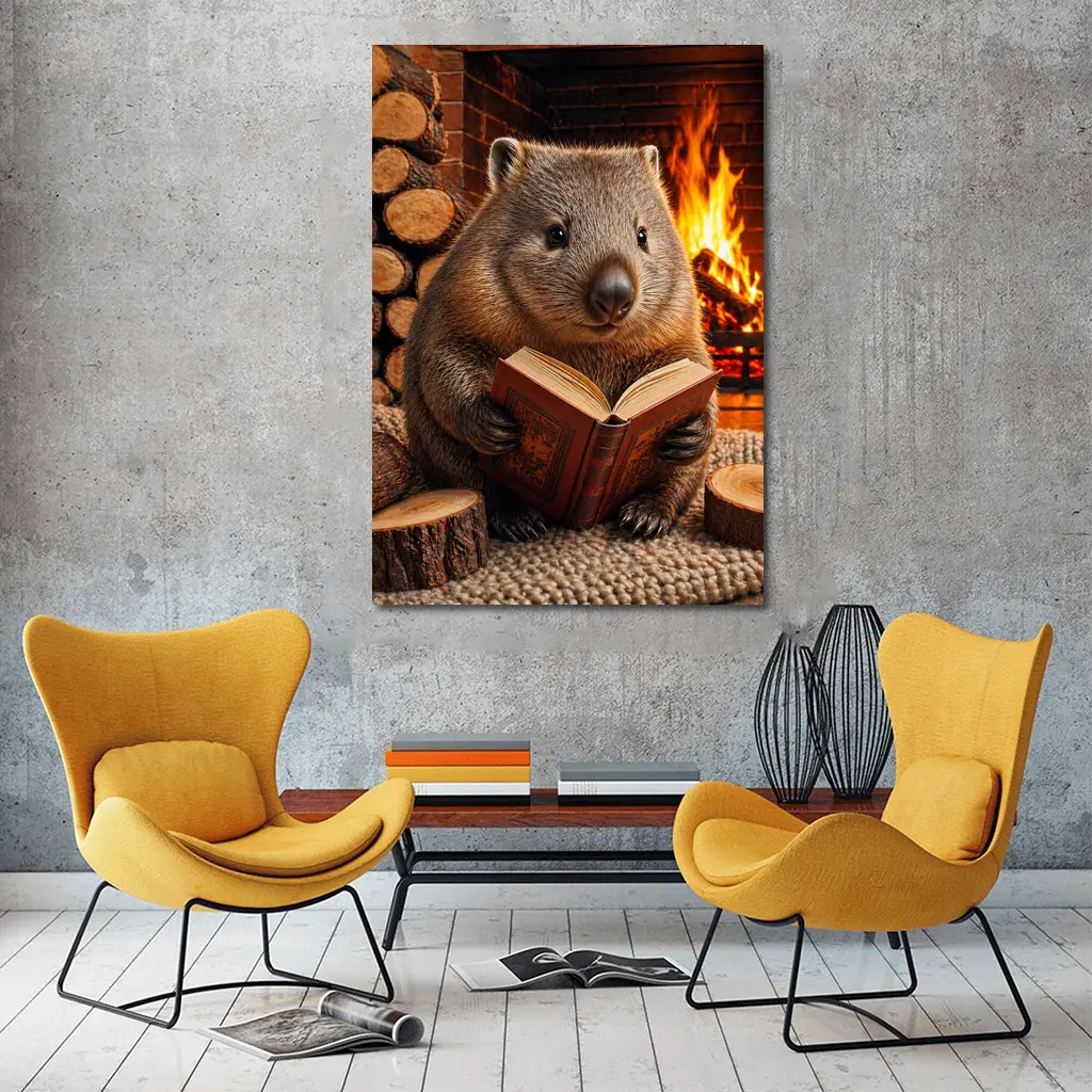 Wombat Reading Book By Cozy Fireplace – Wall Art