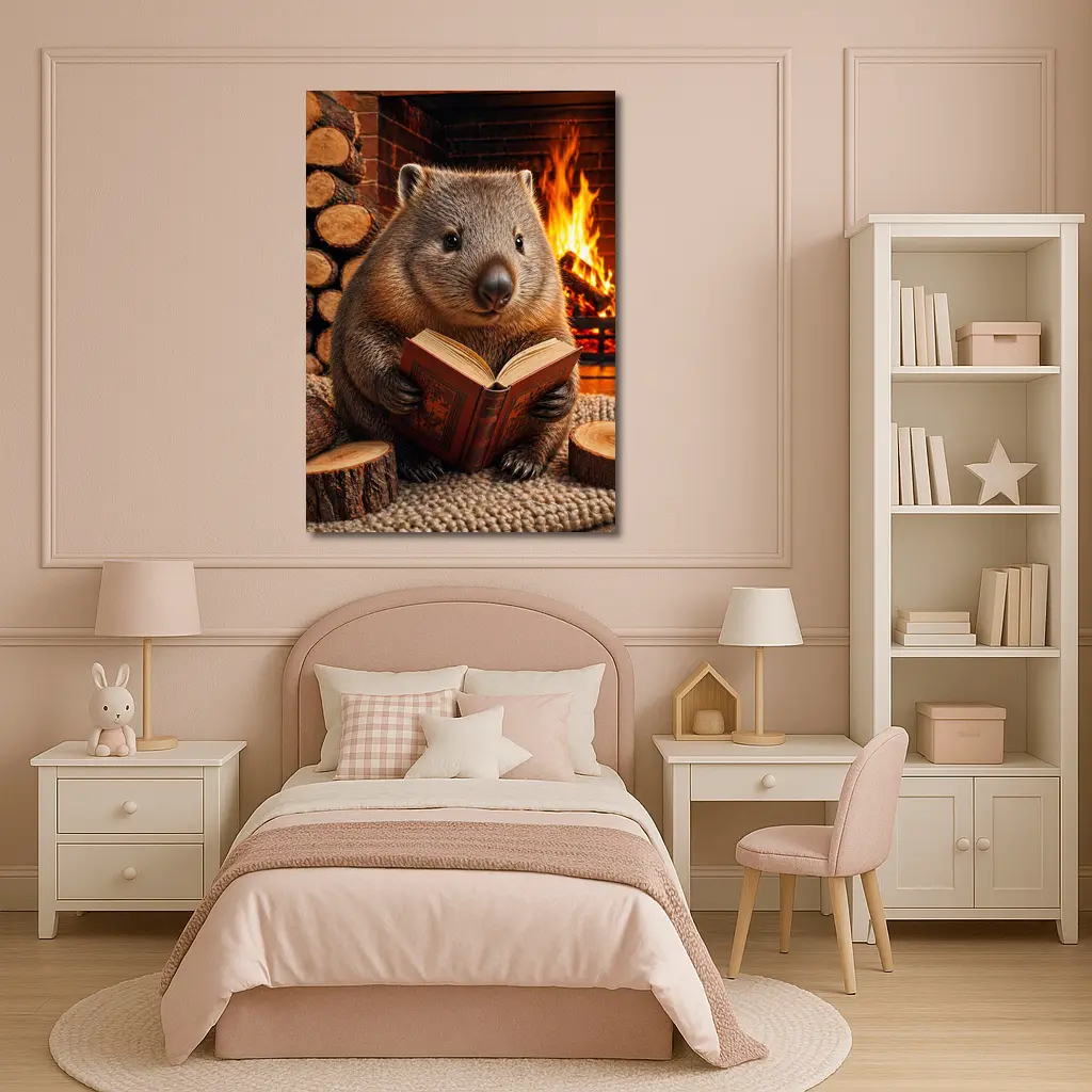 Wombat Reading Book By Cozy Fireplace – Wall Art