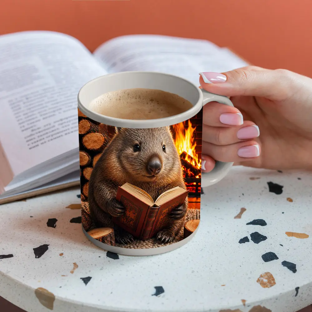 Wombat Reading Book By Cozy Fireplace – Mugs