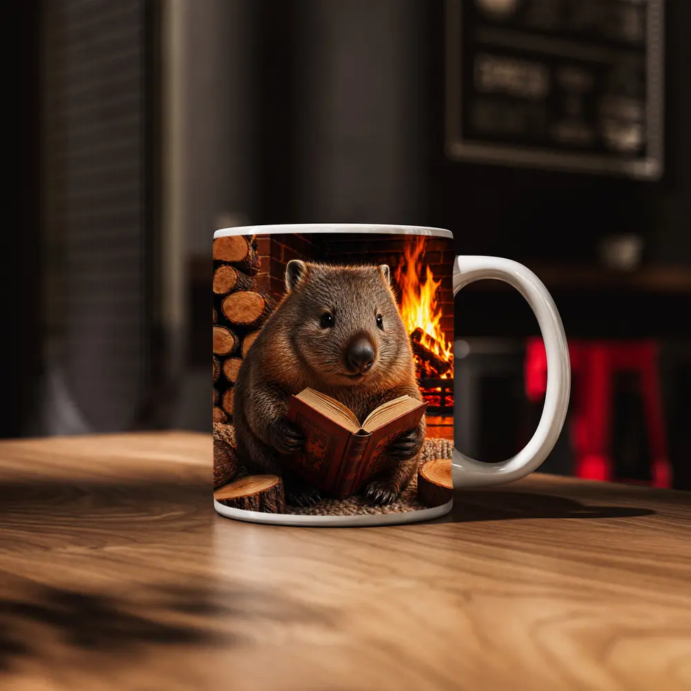 Wombat Reading Book By Cozy Fireplace – Mugs