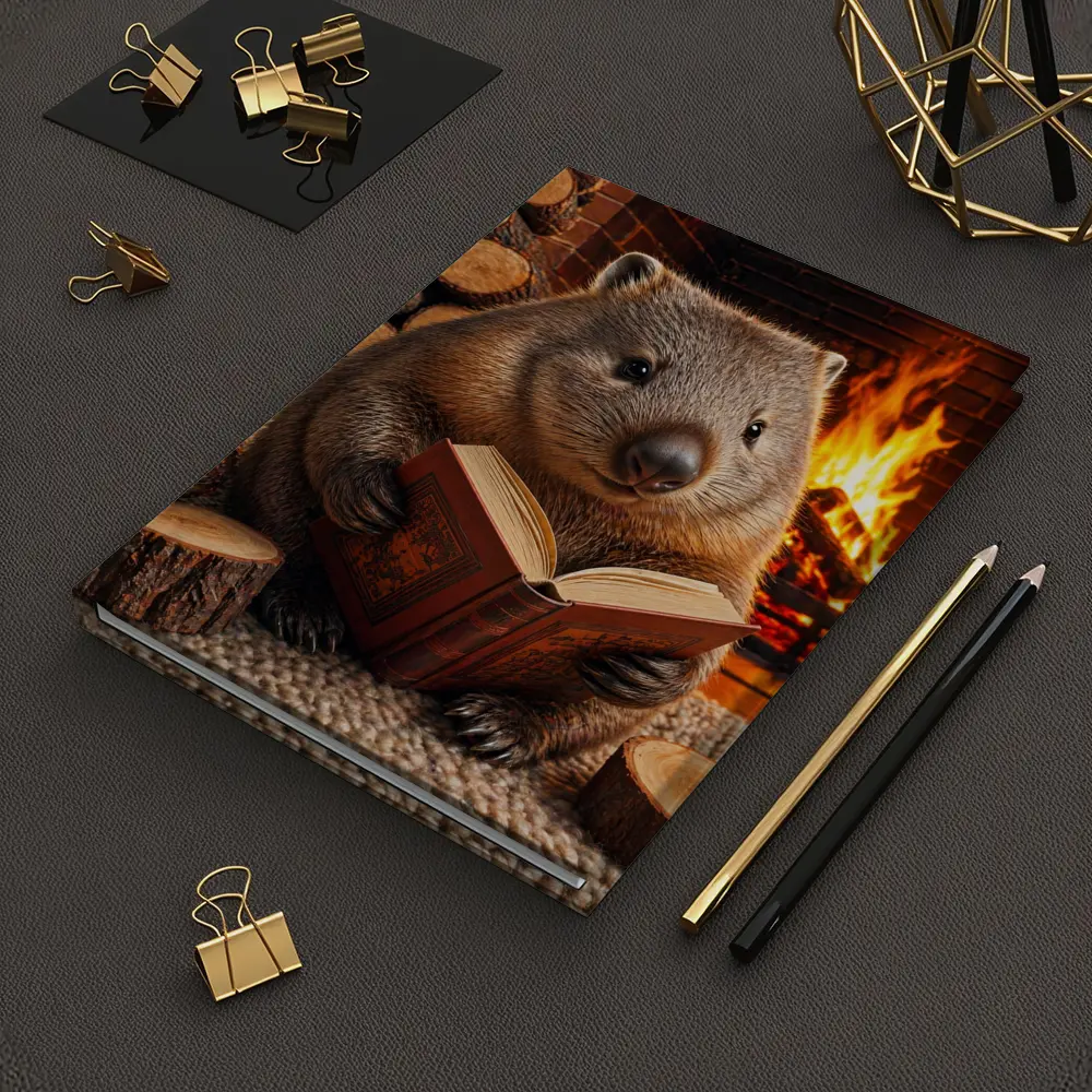 Wombat Reading Book By Cozy Fireplace – Notebooks