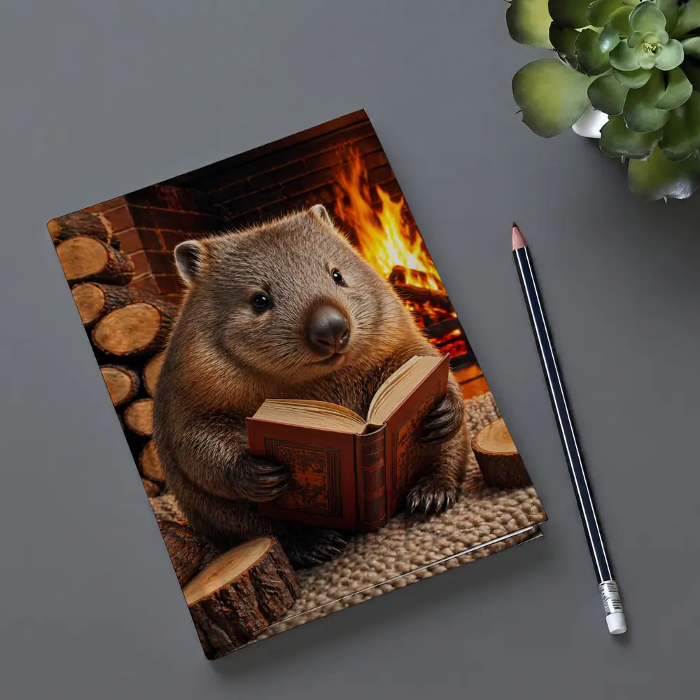 Wombat Reading Book By Cozy Fireplace – Notebooks