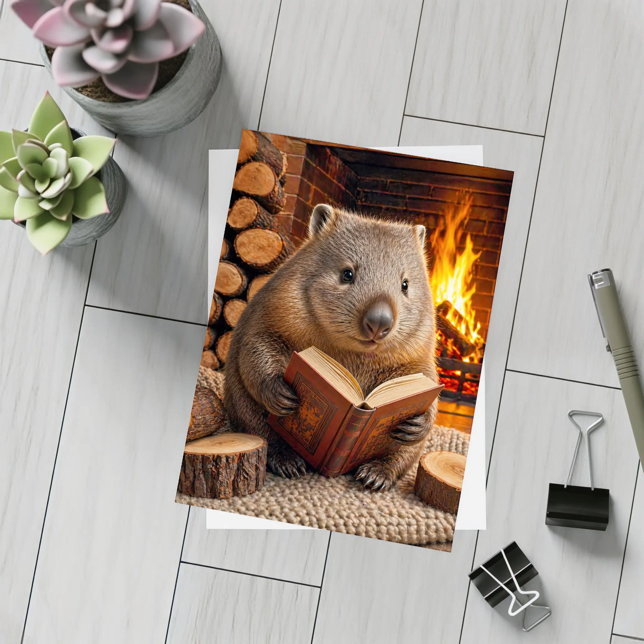 Wombat Reading Book By Cozy Fireplace – Postcards