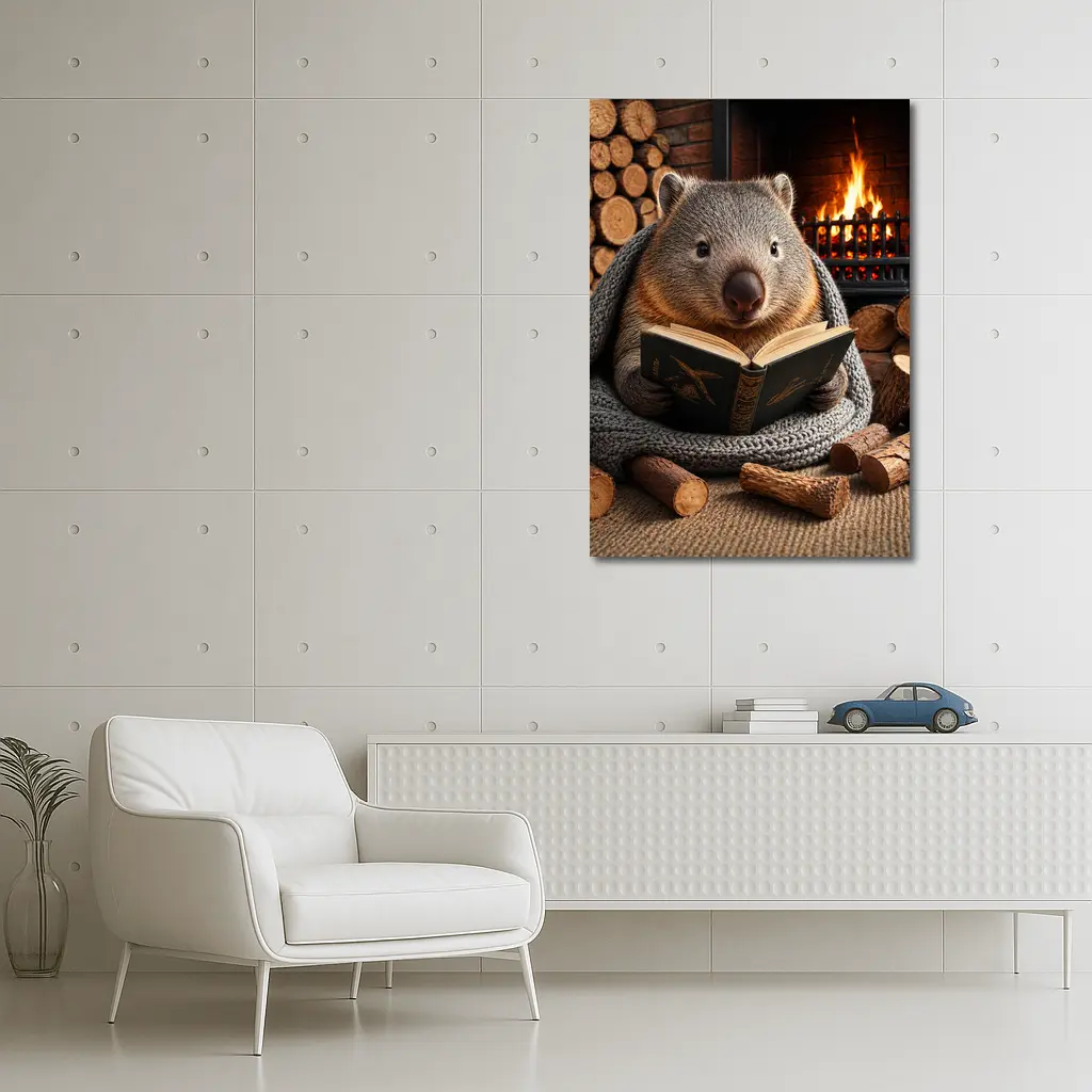 Wombat Reading Book by Cozy Fireplace – Wall Art