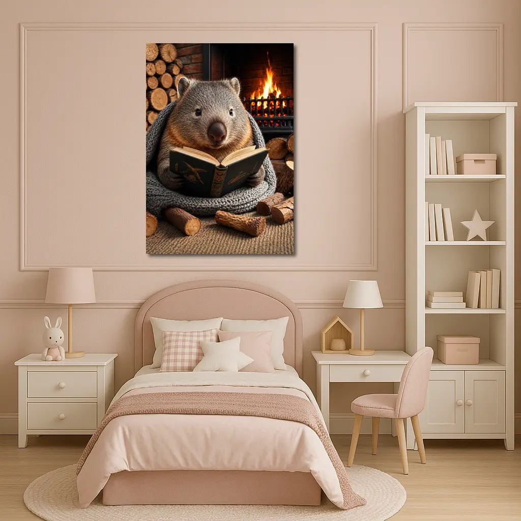 Wombat Reading Book by Cozy Fireplace – Wall Art