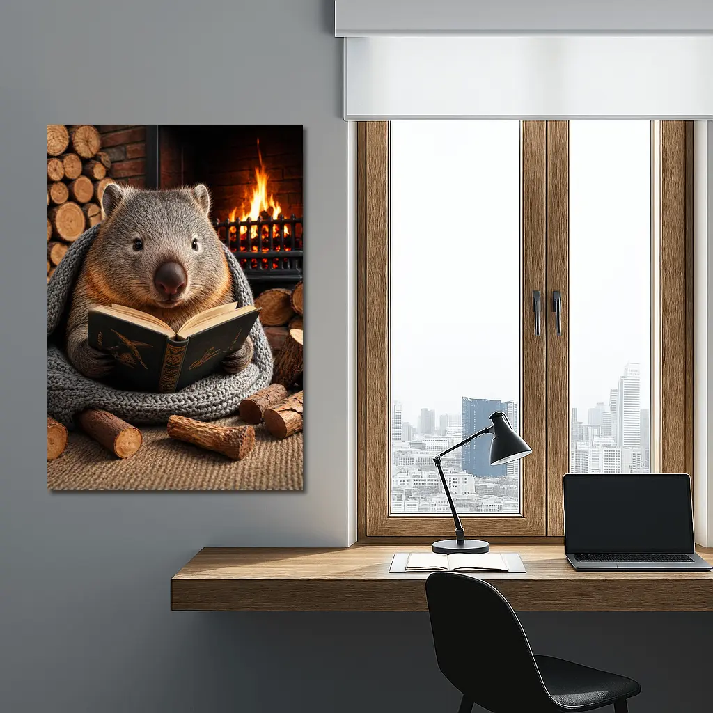 Wombat Reading Book by Cozy Fireplace – Wall Art