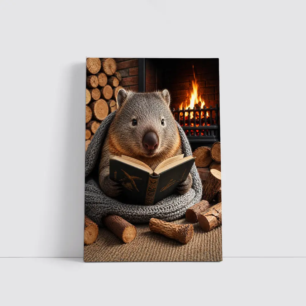 Wombat Reading Book by Cozy Fireplace – Wall Art