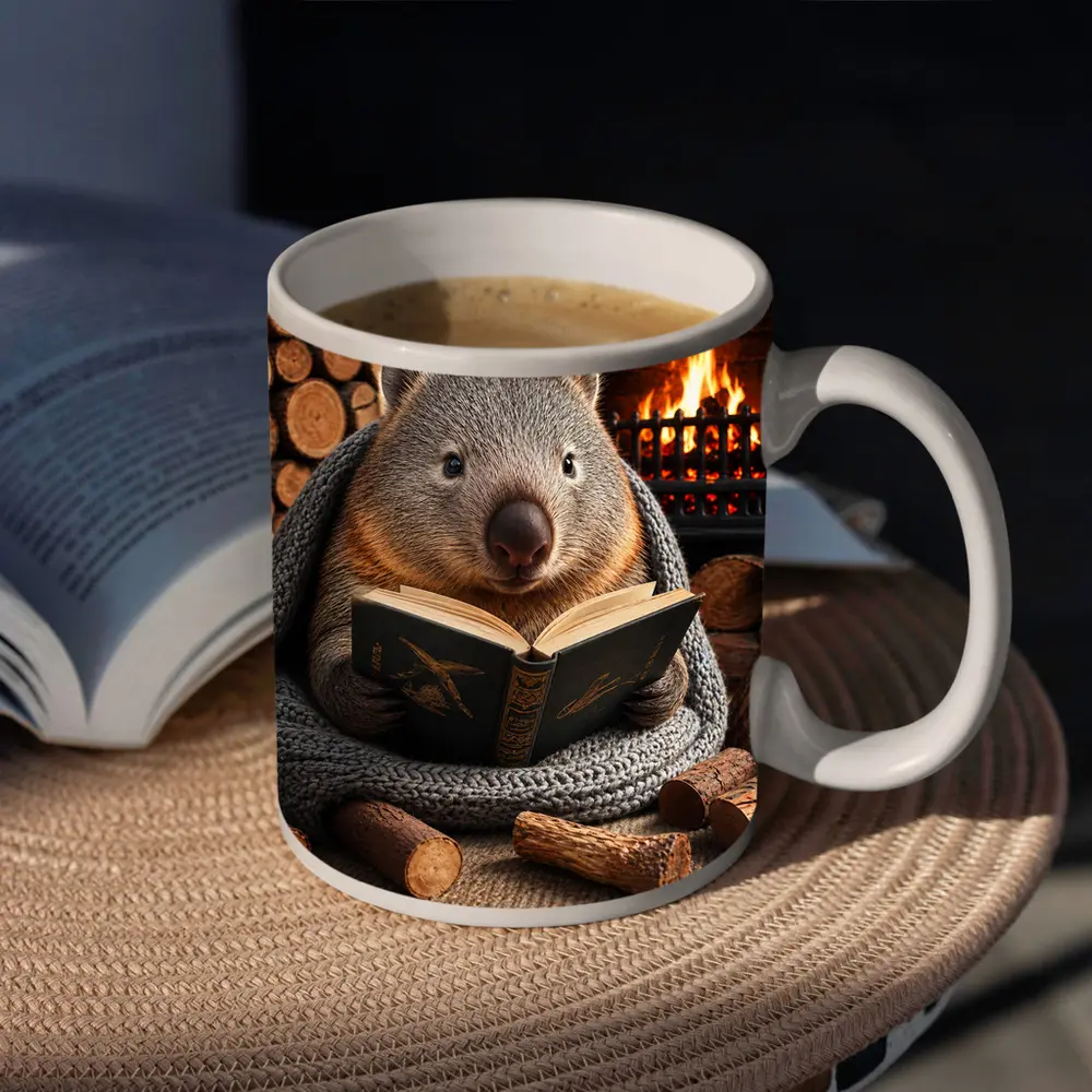 Wombat Reading Book by Cozy Fireplace – Mugs