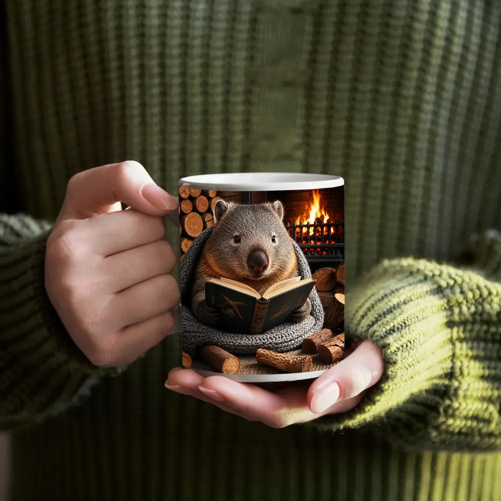 Wombat Reading Book by Cozy Fireplace – Mugs