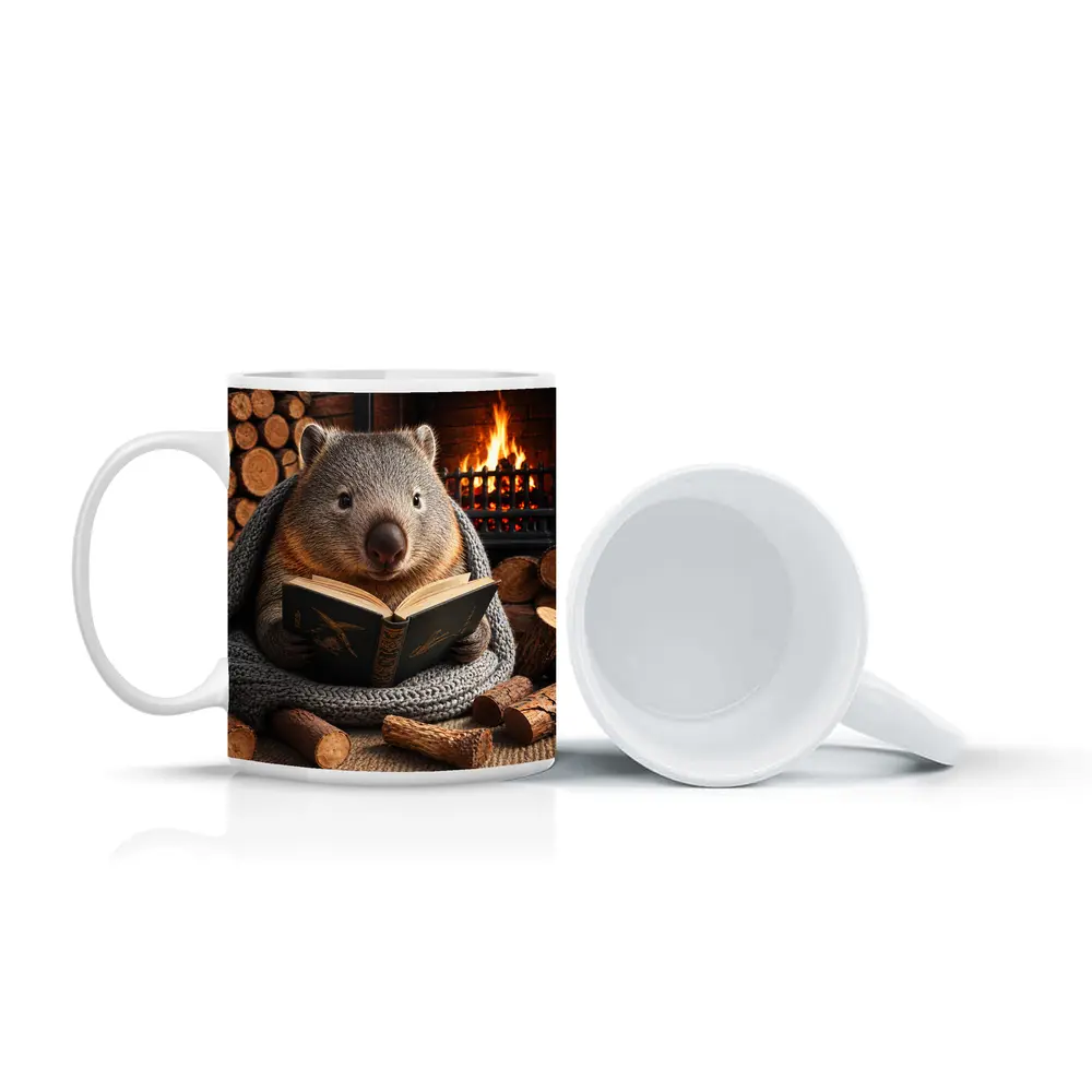 Wombat Reading Book by Cozy Fireplace – Mugs