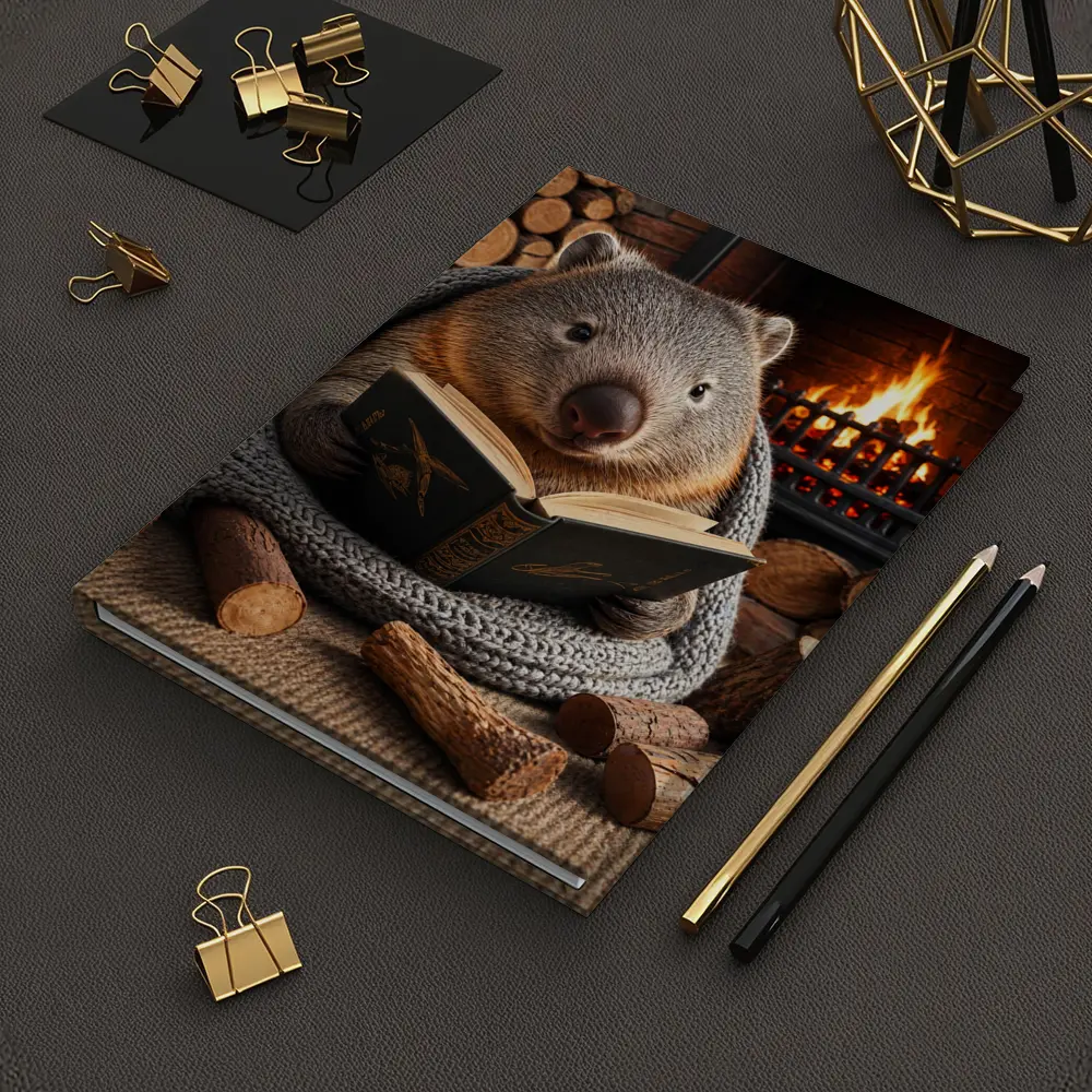 Wombat Reading Book by Cozy Fireplace – Notebooks