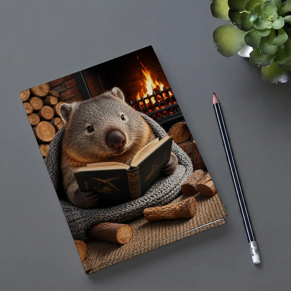 Wombat Reading Book by Cozy Fireplace – Notebooks