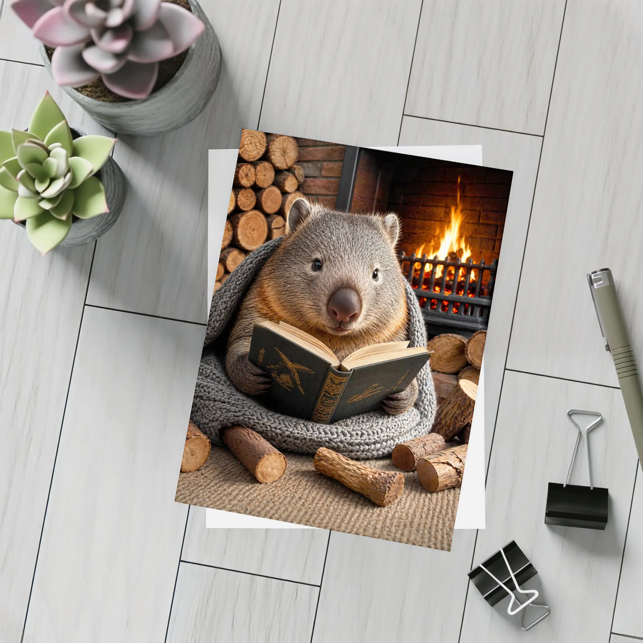 Wombat Reading Book by Cozy Fireplace – Postcards