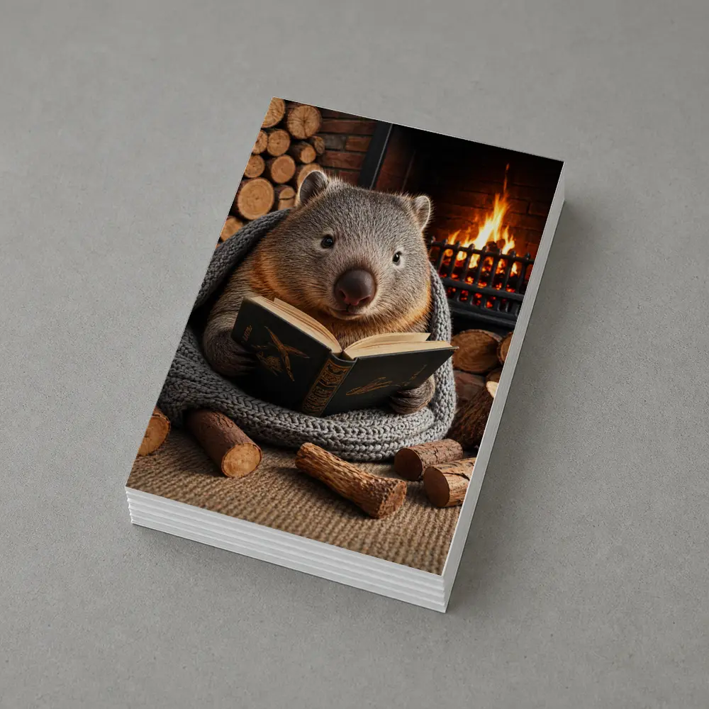 Wombat Reading Book by Cozy Fireplace – Postcards
