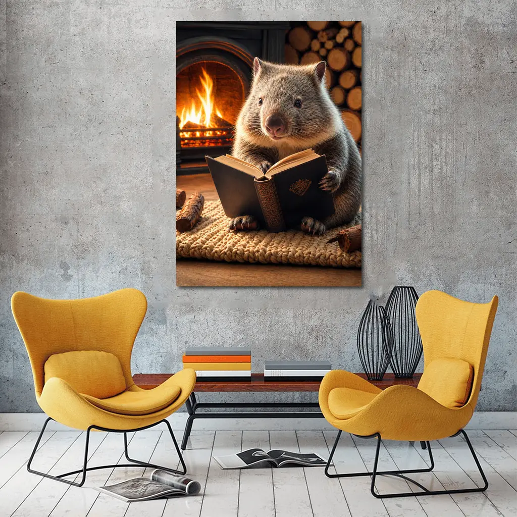 Wombat Reading Book By Cozy Fireplace – Wall Art