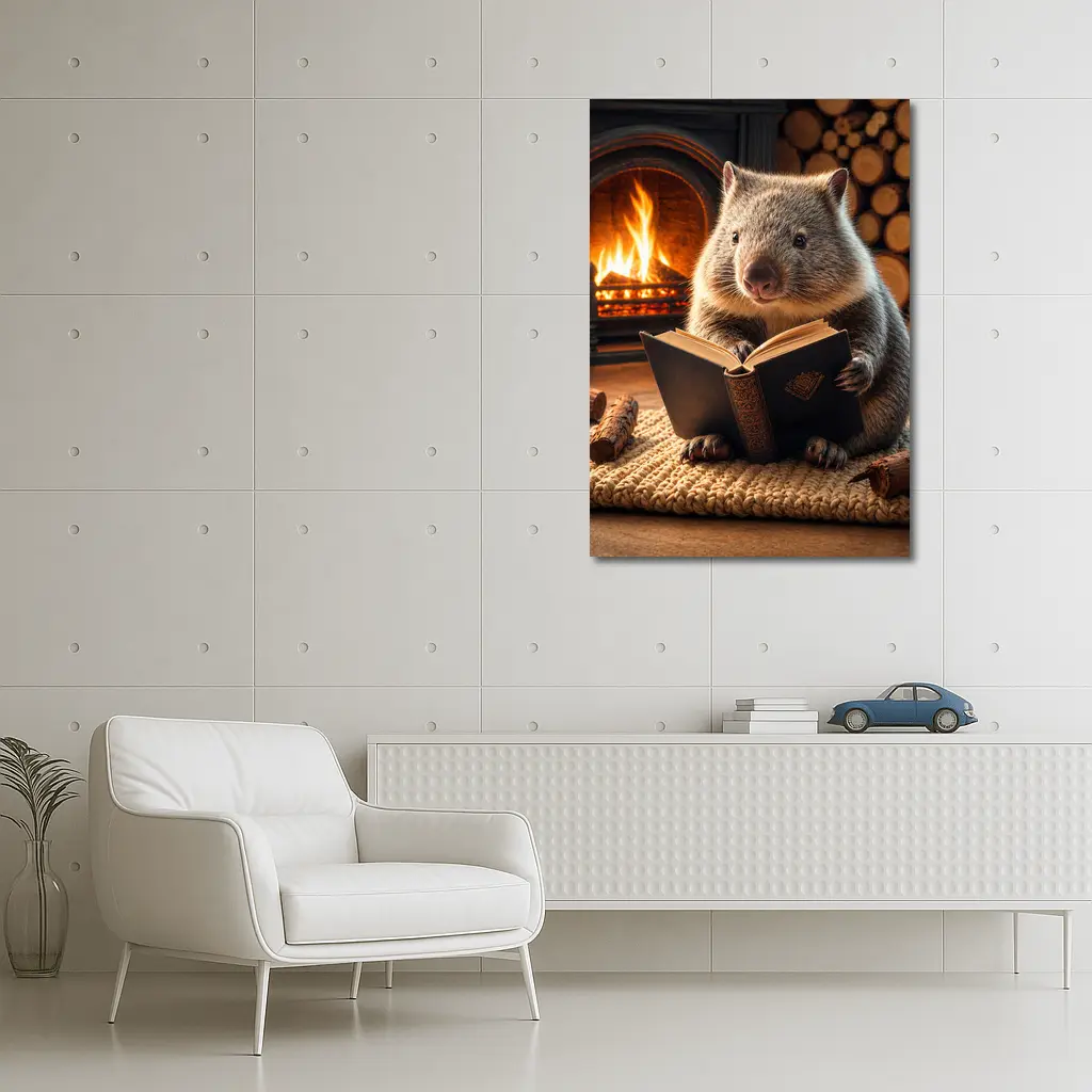 Wombat Reading Book By Cozy Fireplace – Wall Art