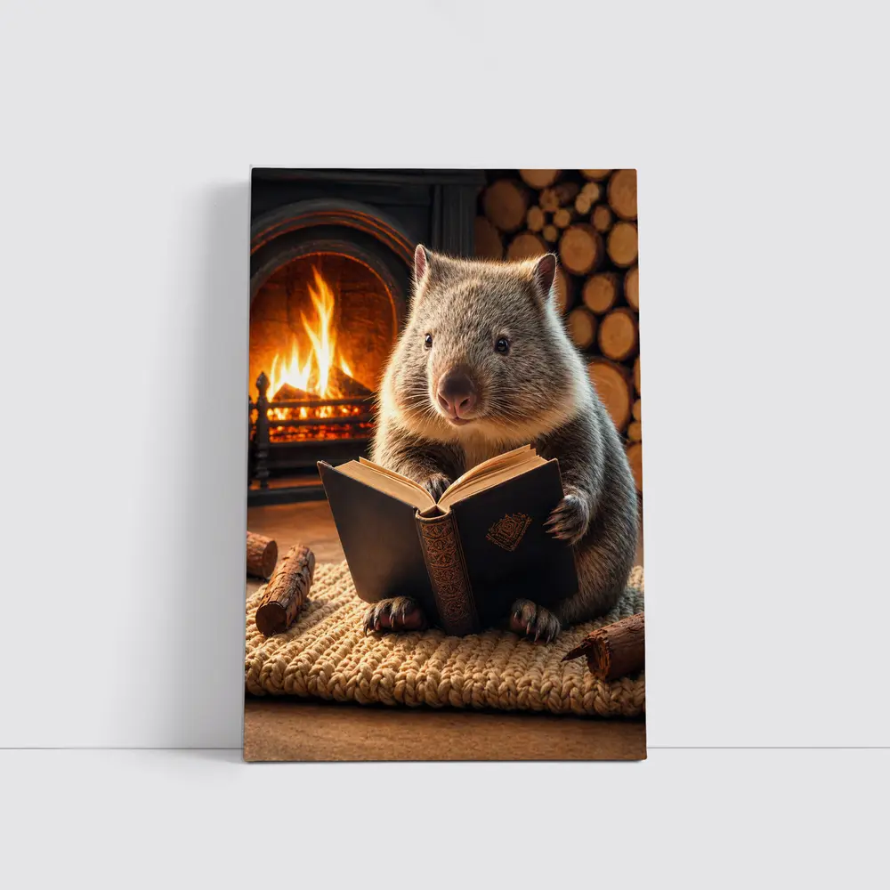 Wombat Reading Book By Cozy Fireplace – Wall Art