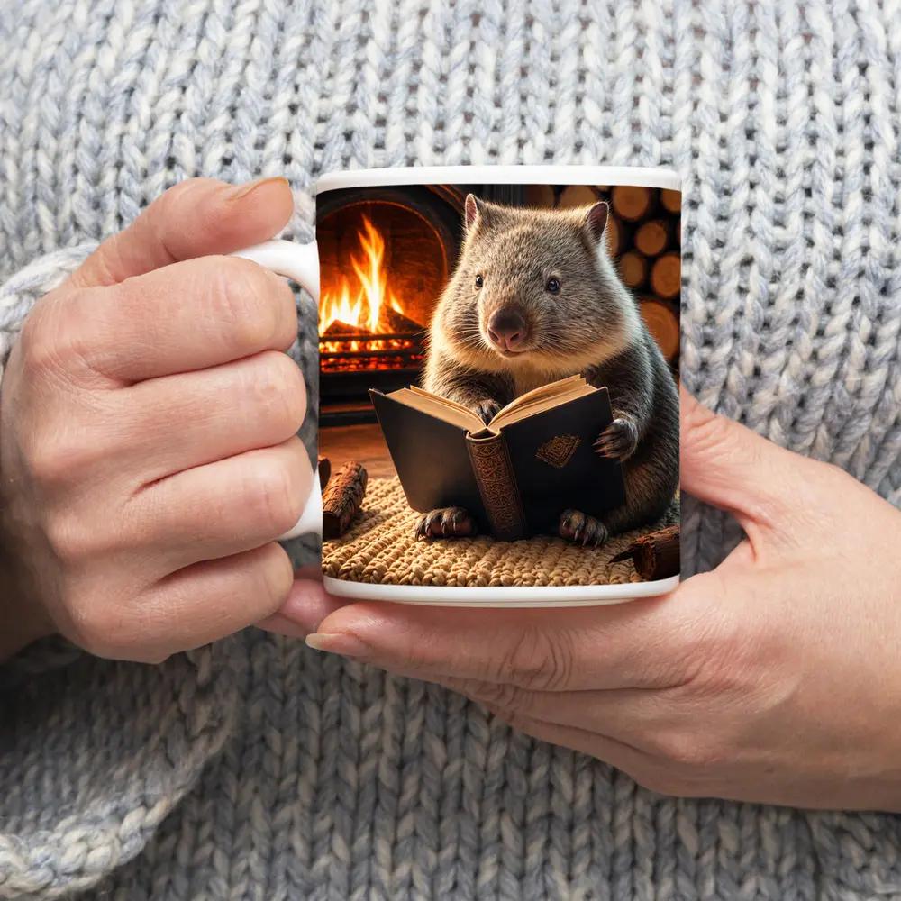 Wombat Reading Book By Cozy Fireplace – Mugs