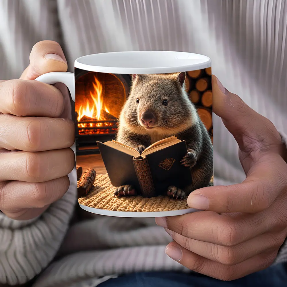 Wombat Reading Book By Cozy Fireplace – Mugs