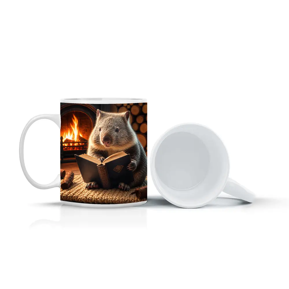 Wombat Reading Book By Cozy Fireplace – Mugs