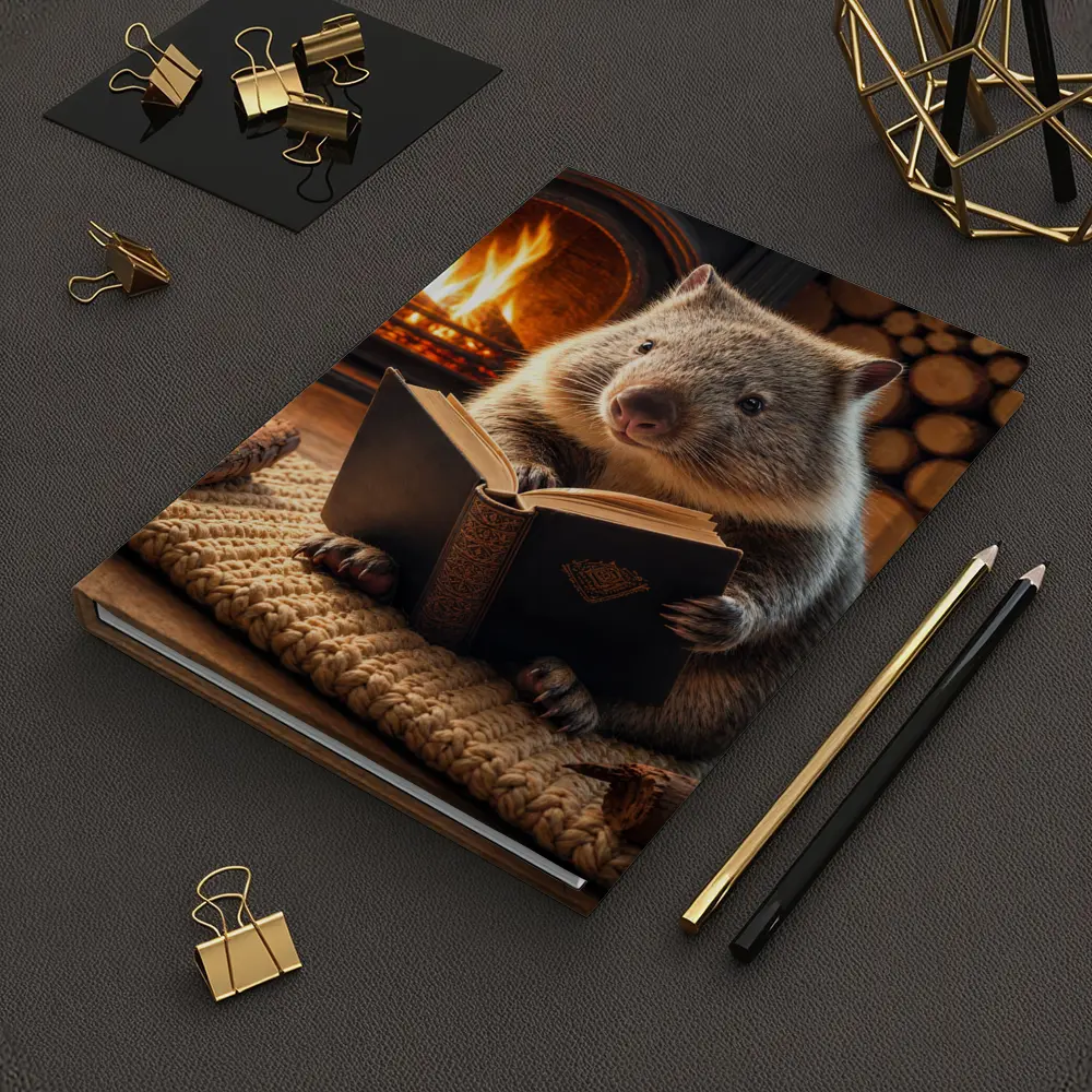 Wombat Reading Book By Cozy Fireplace – Notebooks