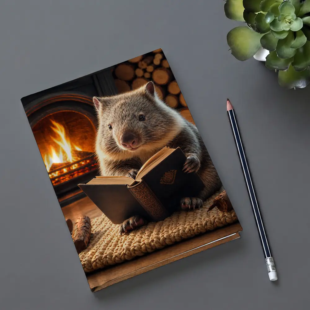 Wombat Reading Book By Cozy Fireplace – Notebooks