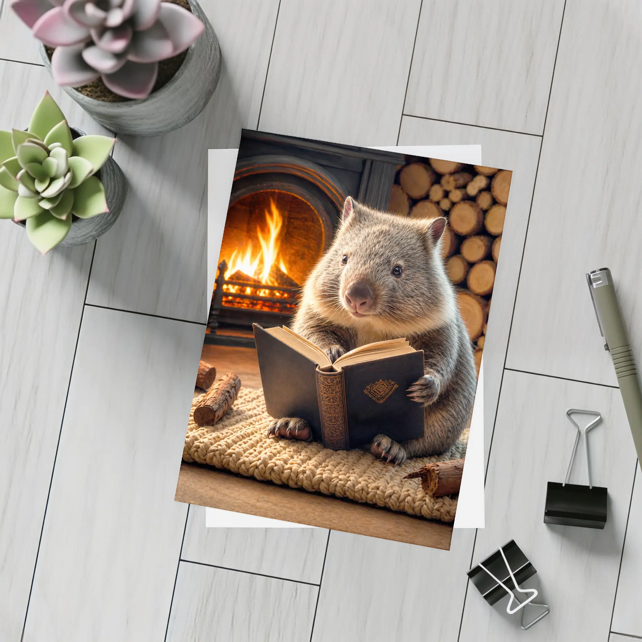 Wombat Reading Book By Cozy Fireplace – Postcards