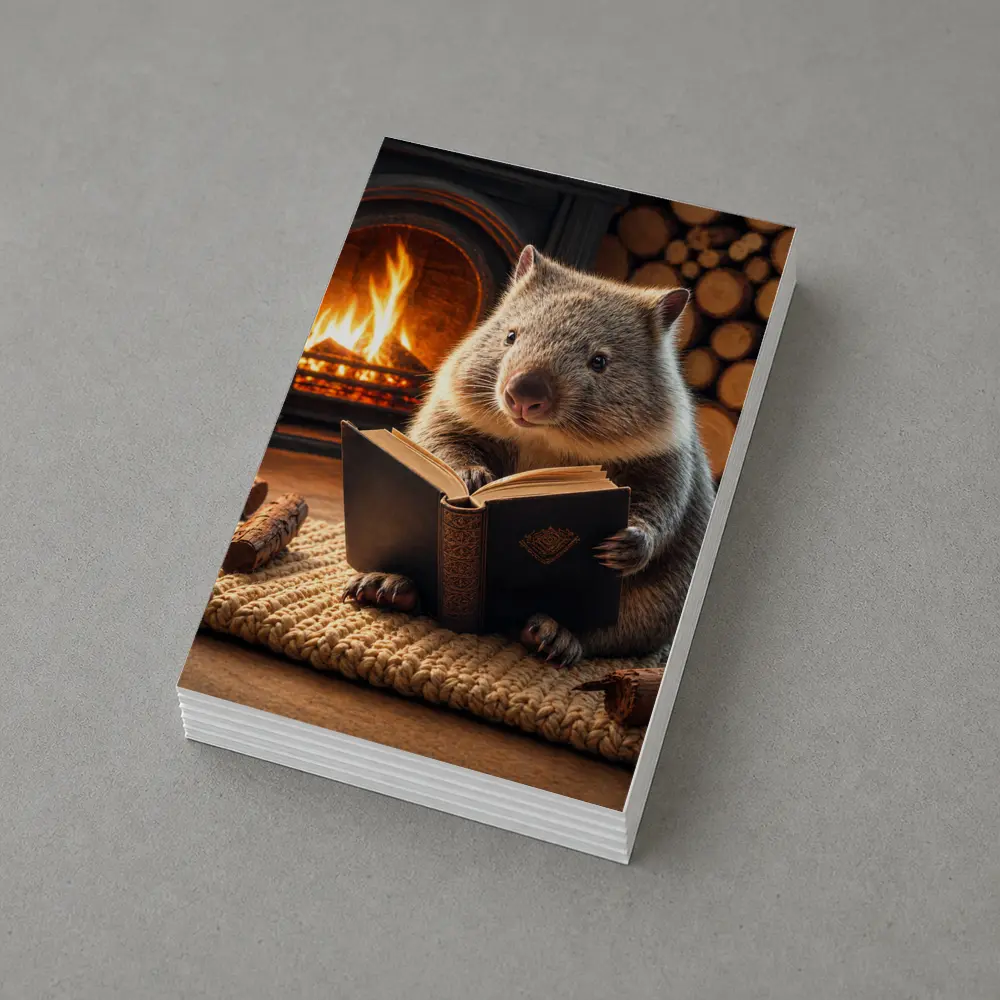 Wombat Reading Book By Cozy Fireplace – Postcards