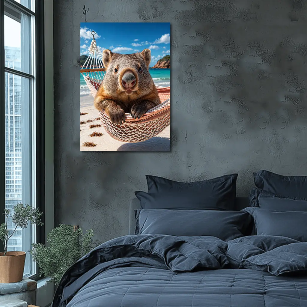 Wombat Relaxing in Hammock Beach Scene – Wall Art