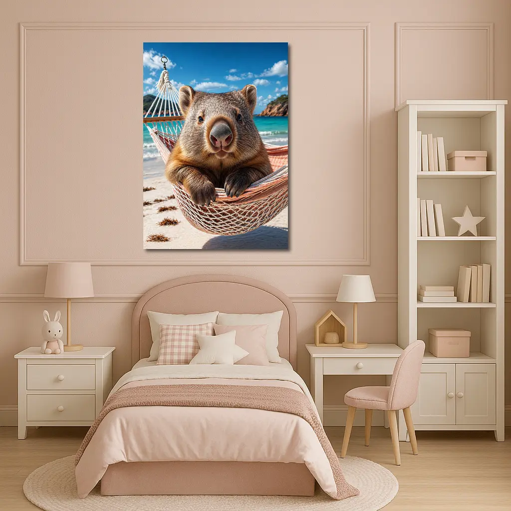Wombat Relaxing in Hammock Beach Scene – Wall Art