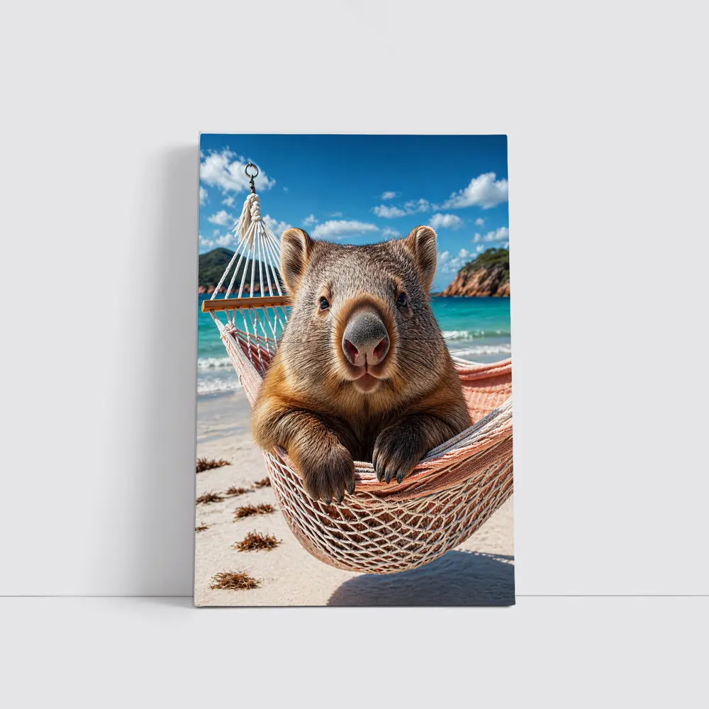 Wombat Relaxing in Hammock Beach Scene – Wall Art