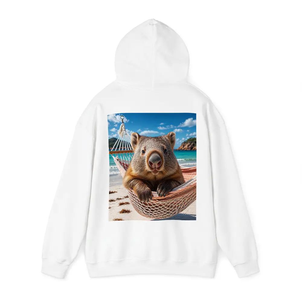 Wombat Relaxing in Hammock Beach Scene – Hoodies