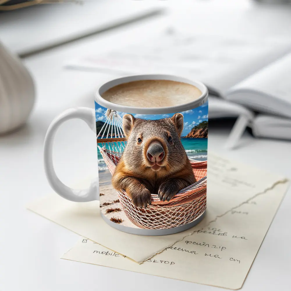 Wombat Relaxing in Hammock Beach Scene – Mugs