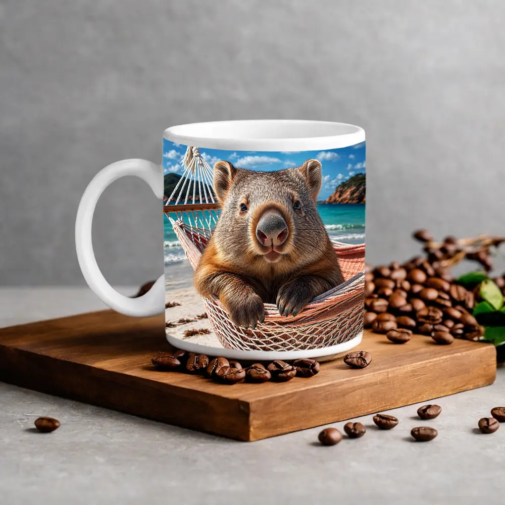 Wombat Relaxing in Hammock Beach Scene – Mugs