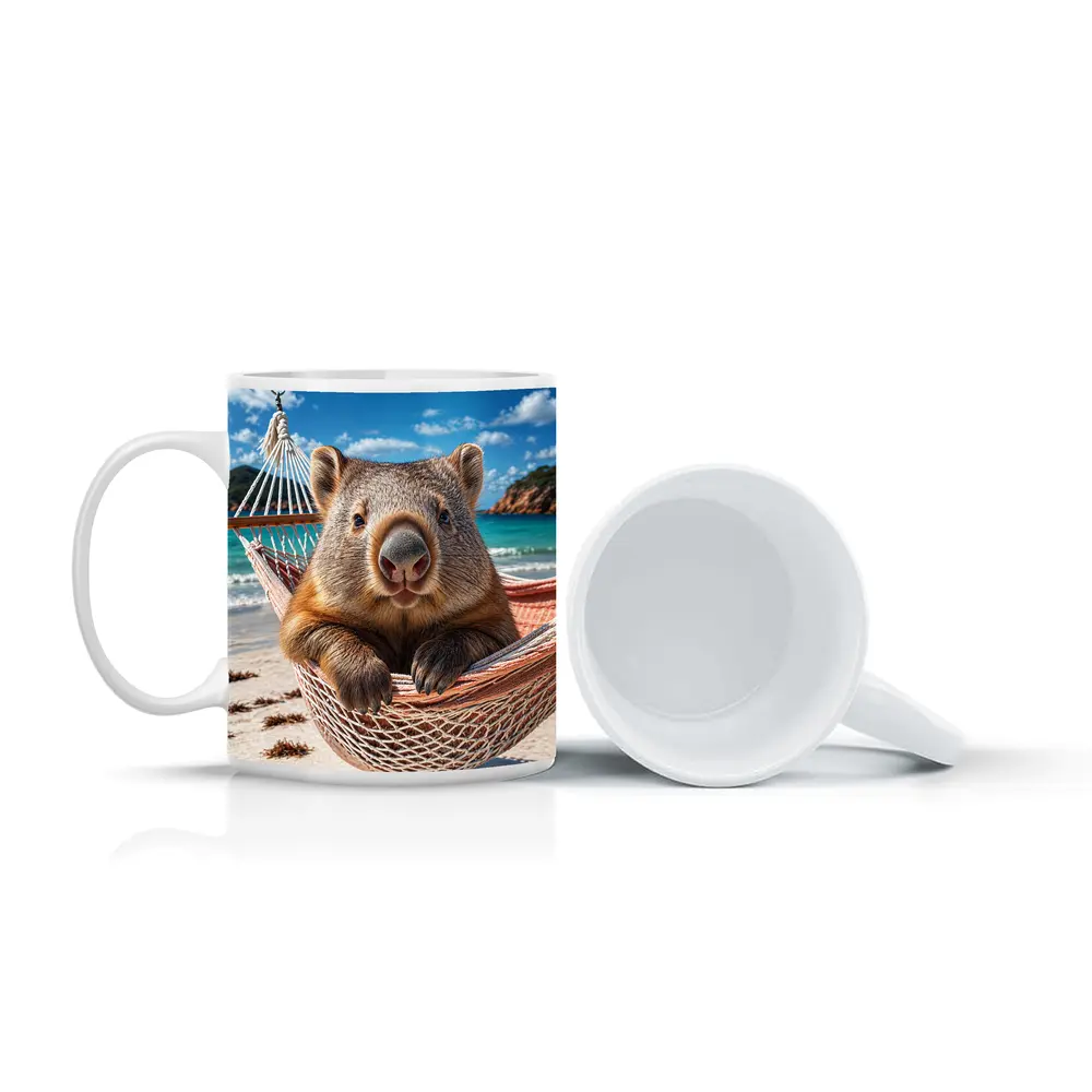 Wombat Relaxing in Hammock Beach Scene – Mugs