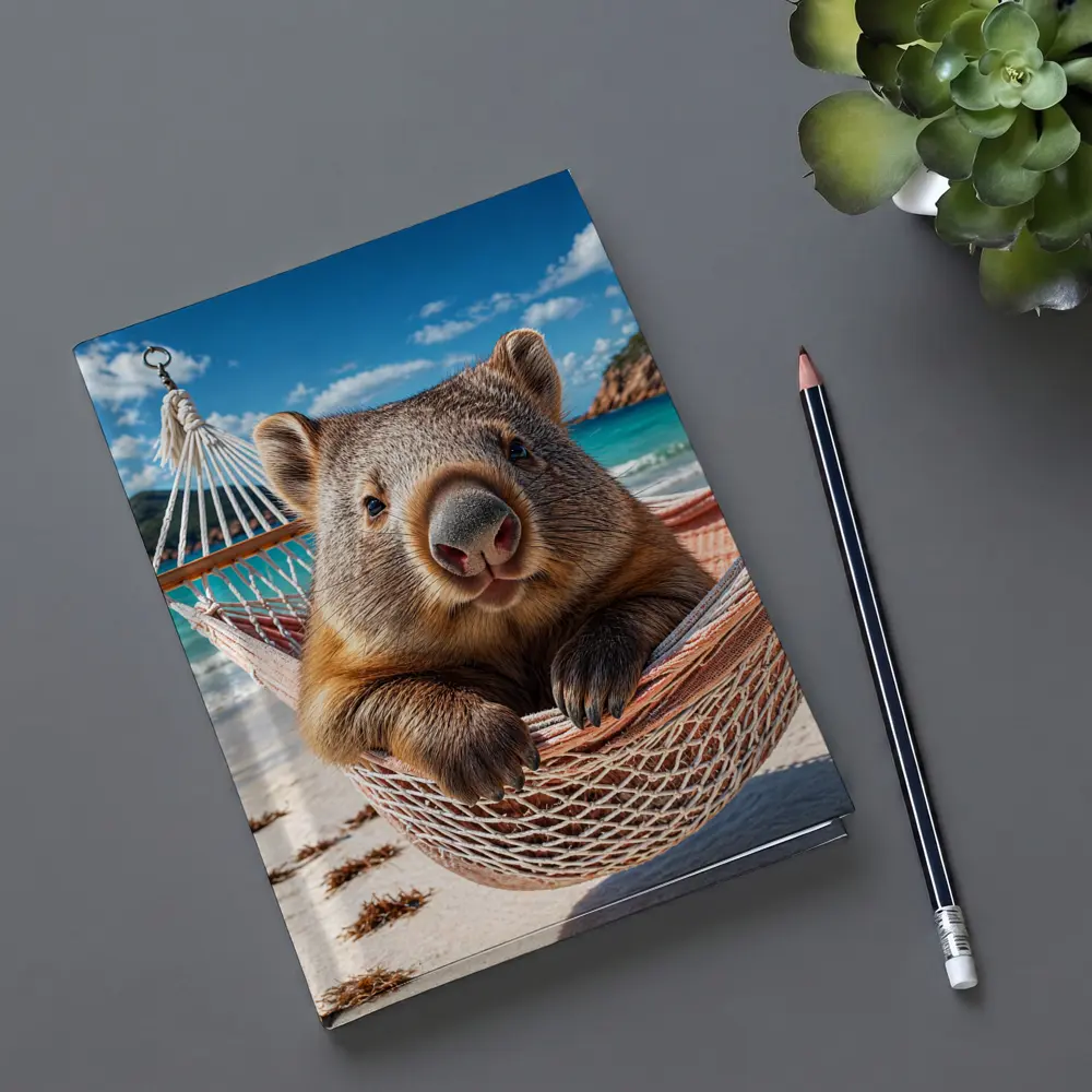 Wombat Relaxing in Hammock Beach Scene – Notebooks