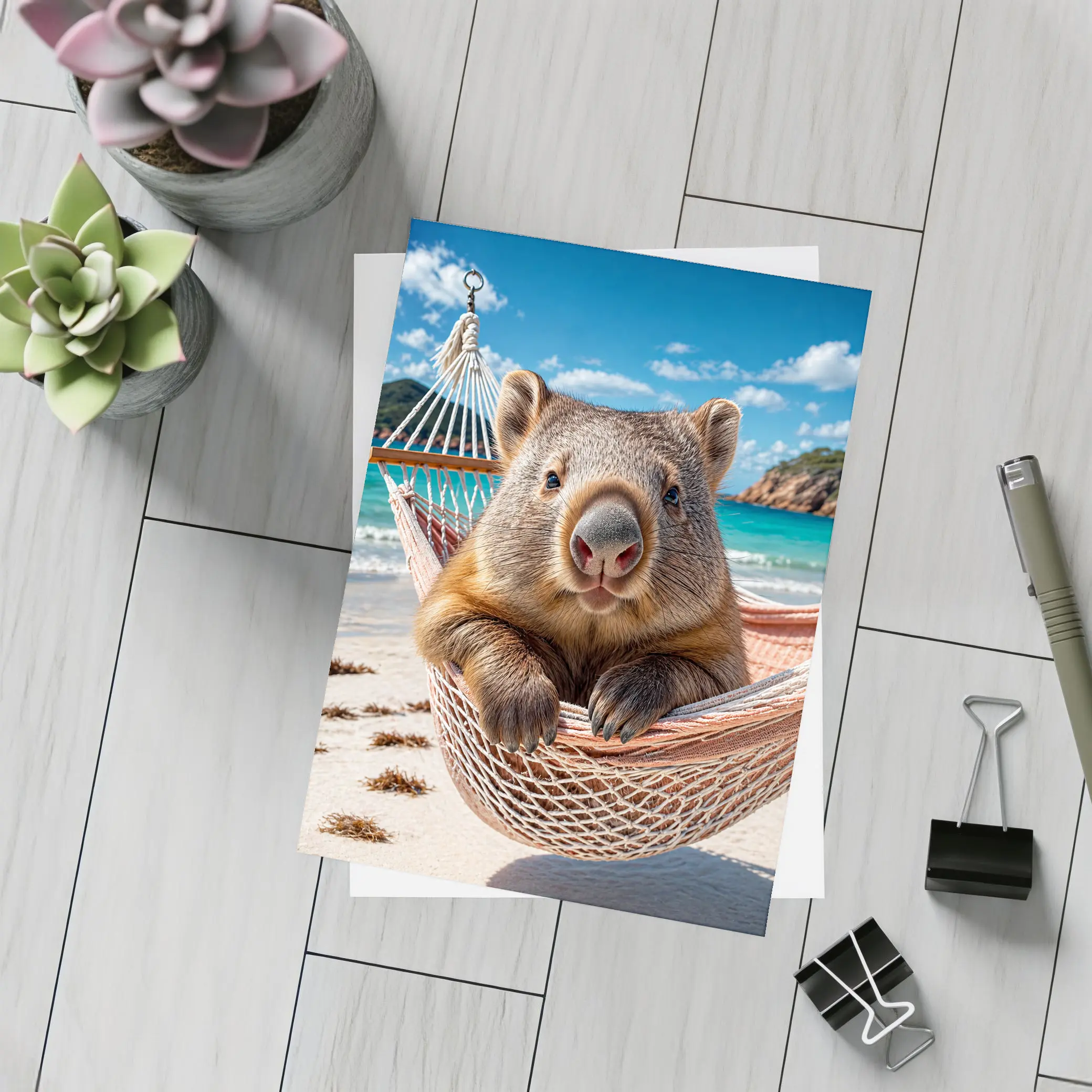 Wombat Relaxing in Hammock Beach Scene – Postcards