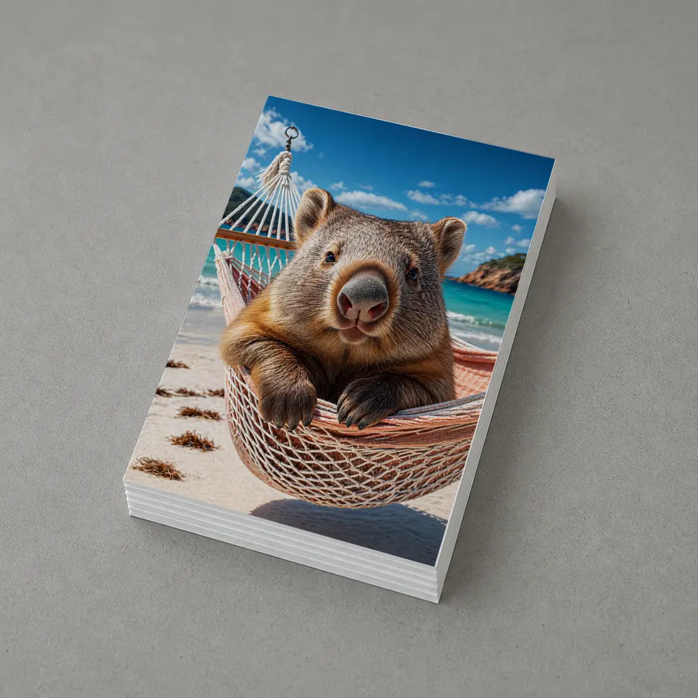 Wombat Relaxing in Hammock Beach Scene – Postcards