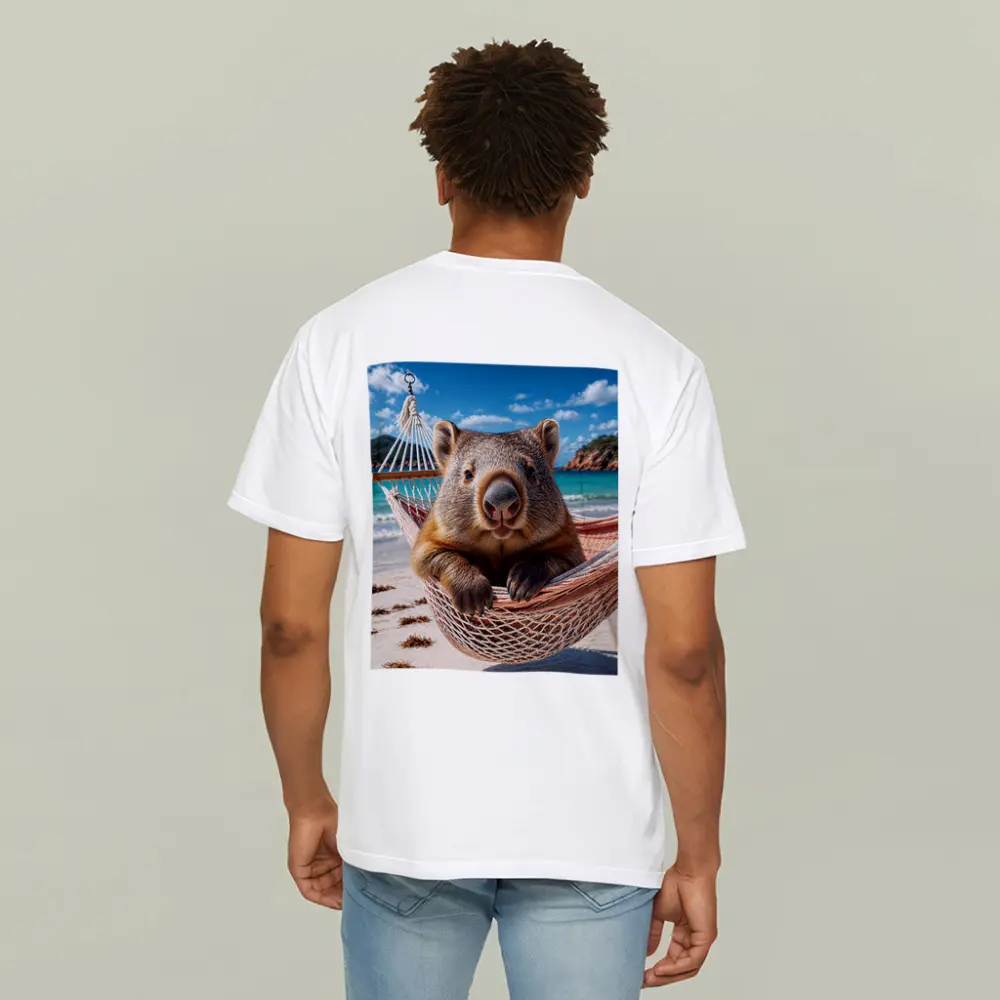 Wombat Relaxing in Hammock Beach Scene – T-Shirts