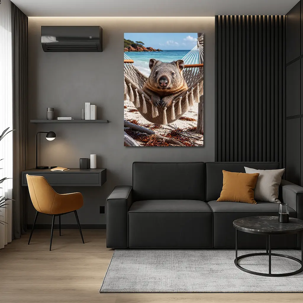 Wombat Relaxing in Hammock Beach Scene – Wall Art